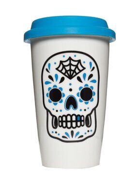 Blue Sugar Skull Tumbler - Dia De Los Muertos Halloween Goth Porcelain Drink NWT